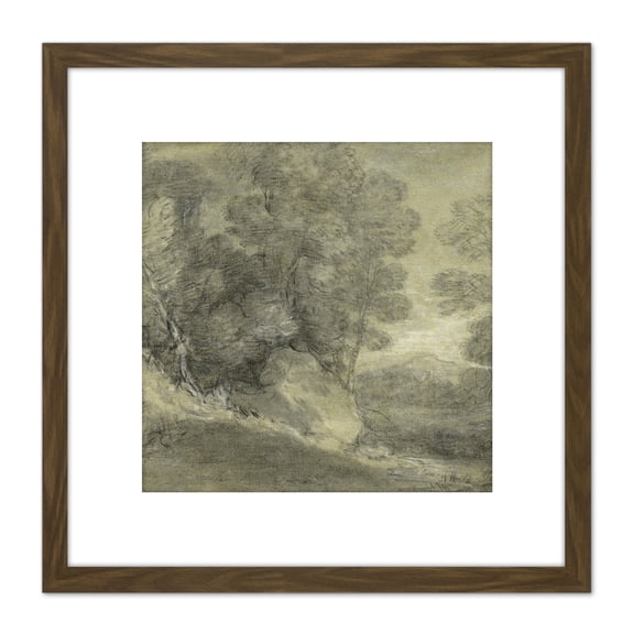 Gainsborough Landscape Rocks Stream Distant Hill Painting 8X8 Inch Square Wooden Framed Wall Art Print Picture with Mount