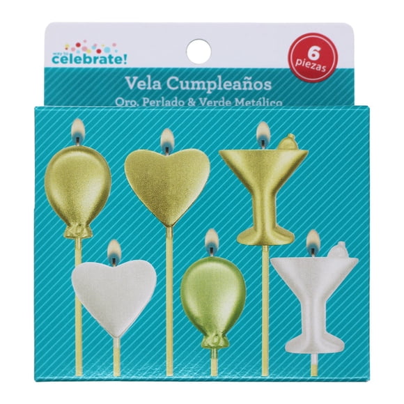 Velas de Cumpleaños Way to Celebrate Oro Perlado y Verde Metálico 6 Piezas