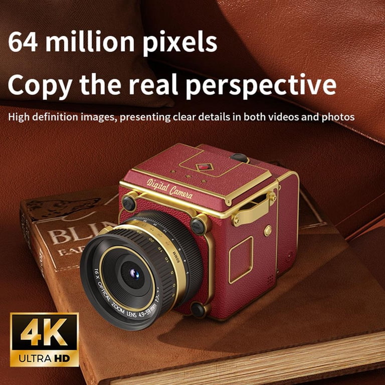 4K Retro Digital Camera, Portable Mini Vlogging Camera with CCD