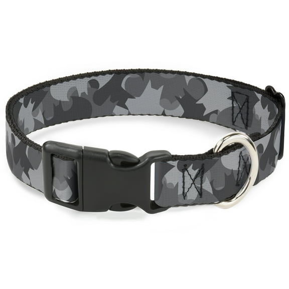 DC Comics Pet Collar, Dog Collar Plastic Buckle, Bat Signal Stacked Black Grays, 16 to 23 Inches 1.5 Inch Wide