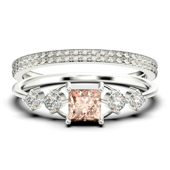 Anniversary Ring Minimalist 1.75 Carat Princess Cut Morganite And Diamond Moissanite Engagement Ring, Dainty Wedding Ring in 925 Sterling Silver With 18k White Gold Plating, Trio Set, Matching Band