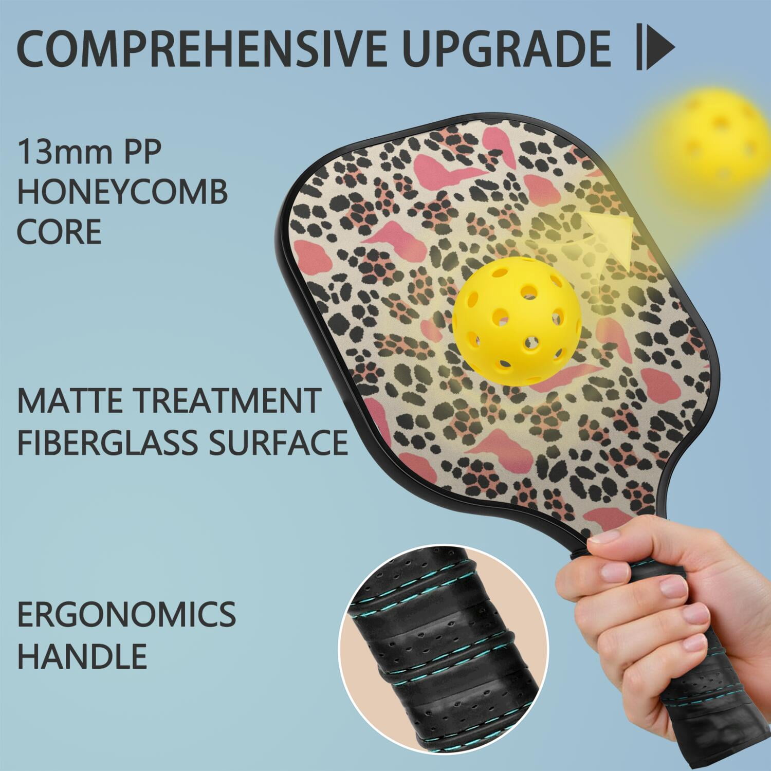 Pickleball Paddles Set Of 1, Fiberglass Surface, Animal, Leopard Print, 1 Paddle, 2 Balls & Bag