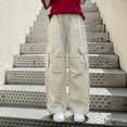 thumbnail image 5 of hlysgo Girls Parachute Pants Wide Leg Cargo Pant Y2K Streetwear Trousers with Multi Pockets Beige Beige,12-13Years, 5 of 5