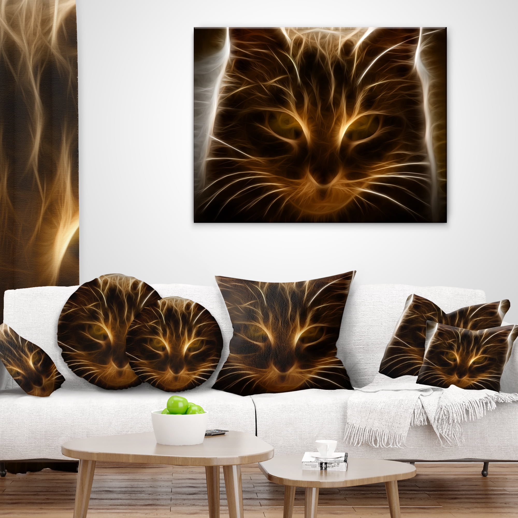Designart Glowing Fractal Cat Illustration - Animal Throw Pillow - 16x16