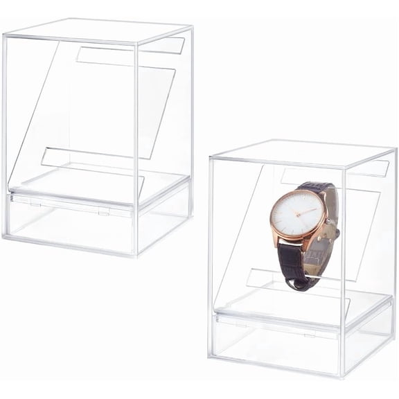 2pcs Watch Display Stand Boxes 3x3x4.7 inch Clear Acrylic Single Watch Holder Case Bracelet Display Rack Jewelry Holder Stand Watches Organizer Storage Stands for Men Women Watch Display