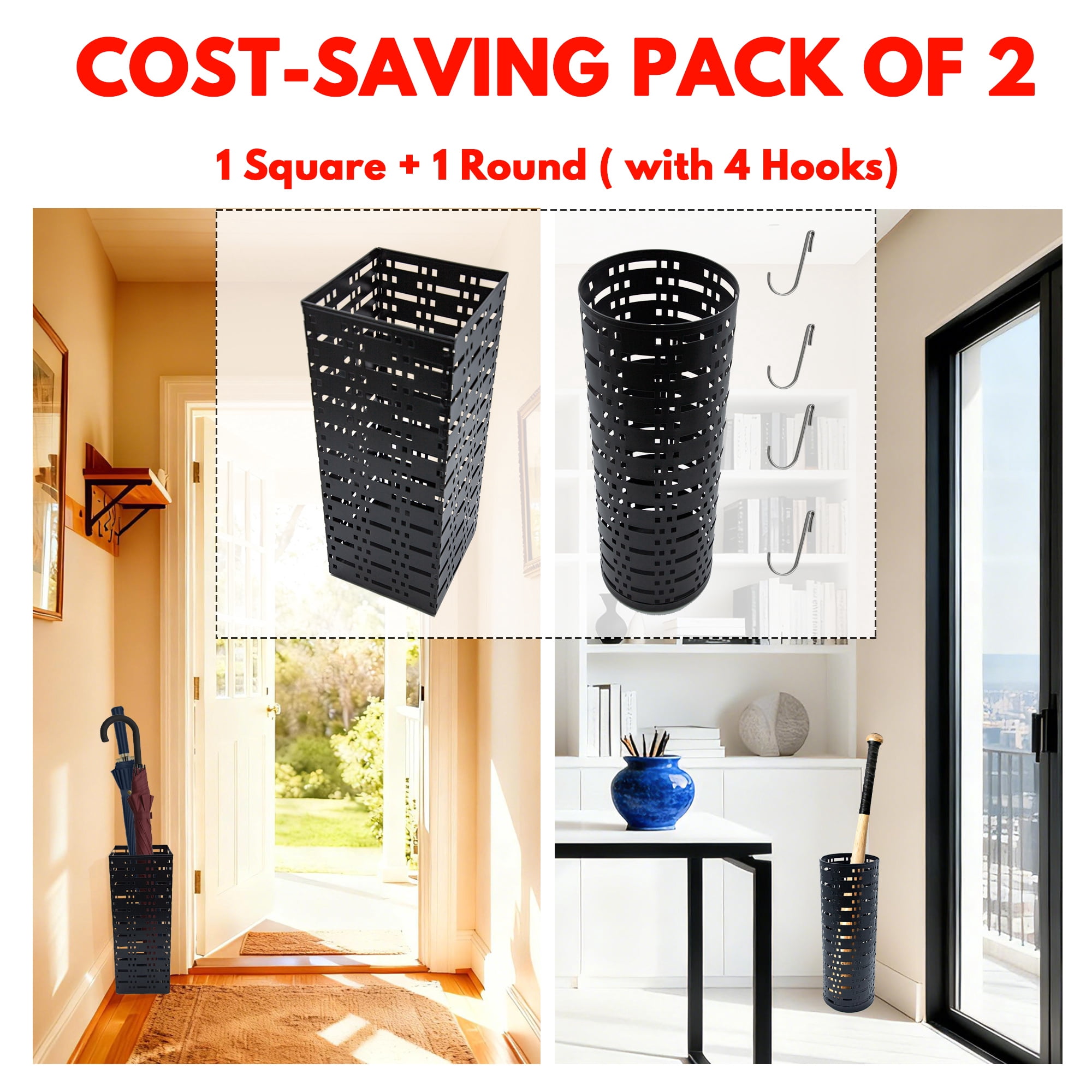 Taikonlab Set of 2 Umbrella Holder for Entryway with 4 Hooks, 16.5" Tall Freestanding Umbrella Stand (Square + Round)