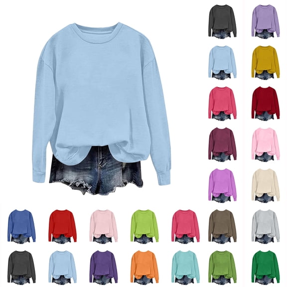 Hilzaten Womens Crew Neck Sweatshirt Long Sleeve Casual Loose Hoodless Winter Comfort Solid Color Womens Sport Top