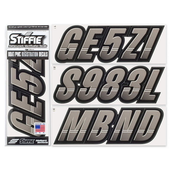 STIFFIE Techtron Charcoal/Black 3" Alpha-Numeric Registration Identification Numbers Stickers Decals for Boats & Personal Watercraft