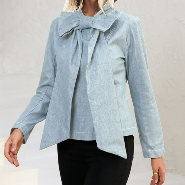 LBECLEY Crop Top Denim Jacket Womens Long Sleeve Denim Cropped Top Bow Tie Shirt Back Zipper Denim Jacket Plus Size Womens Denim Shirts Light Blue M