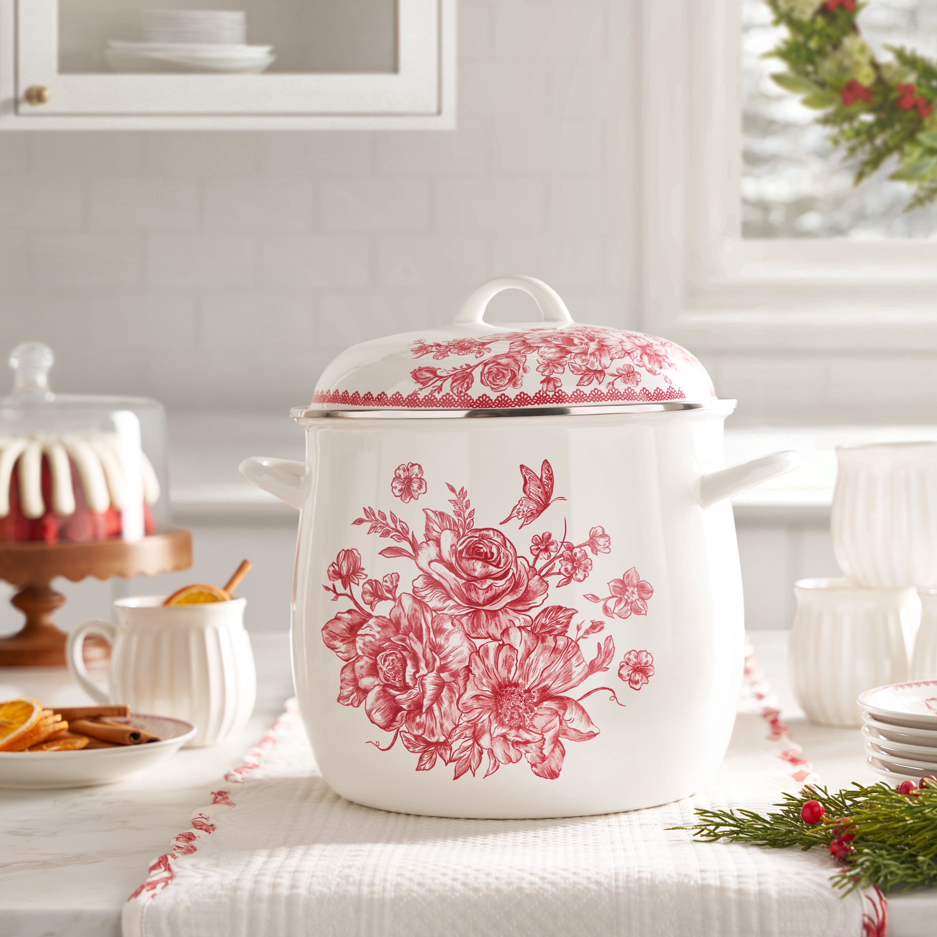 The Pioneer Woman Agatha 12-Quart Enamel on Steel Stock Pot with Lid, Red