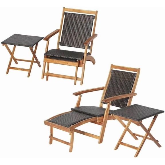 RELAX4LIFE Patio Lounge Chair Set - Outdoor Acacia Wood Chaise Lounge w/Side Table, Armrest & Retractable Ottoman, Rattan Seat, Tabletop, Quick Folding Sunbathing Chair for Backyard, Poolside (2)