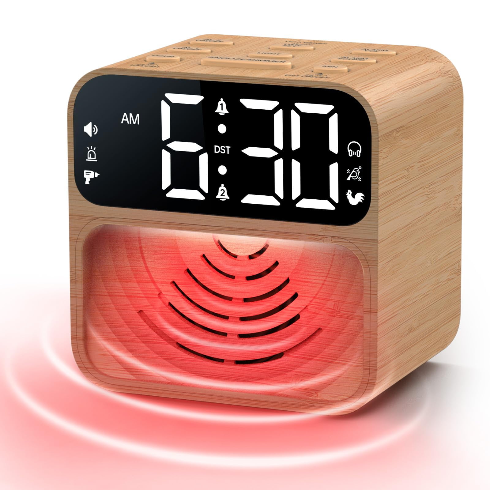 GJX Extra Loud Alarm Clock for Heavy Sleepers, 115dB with Red Strobe Light, Wood Grain Digital Clock for Bedroom, USB Charger, Adjustable Brightness