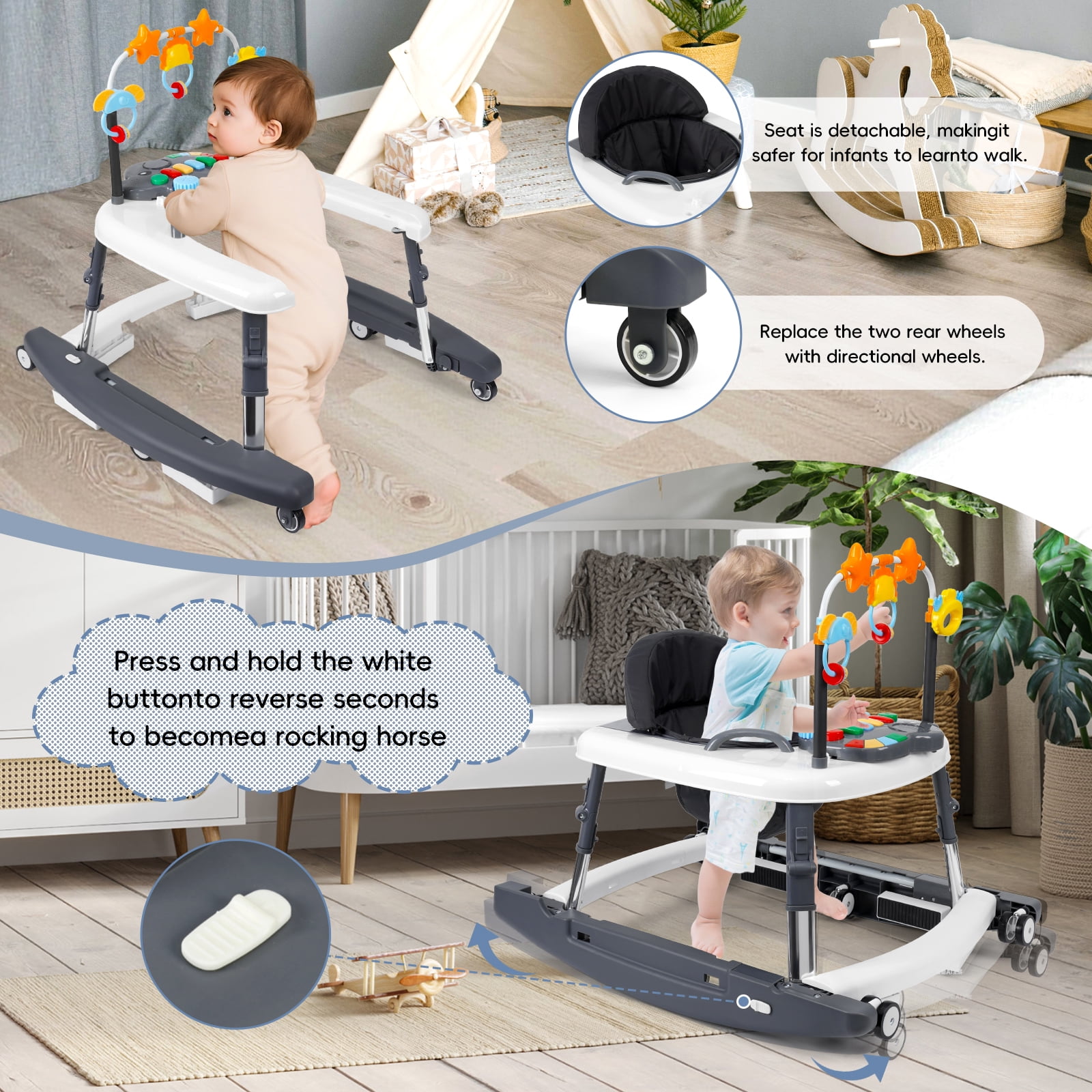 5-in-1 Foldable Baby Walker – Adjustable Height, Music & Lights, Bouncer with Wheels, for Baby Boys & Girls 6-18 Months, Gray