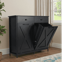 TLSUNNY Double Tilt-Out Trash Cabinet, Pet Proof Garbage Holder w/ Drawer & Barn Door for Kitchen/Laundry Room