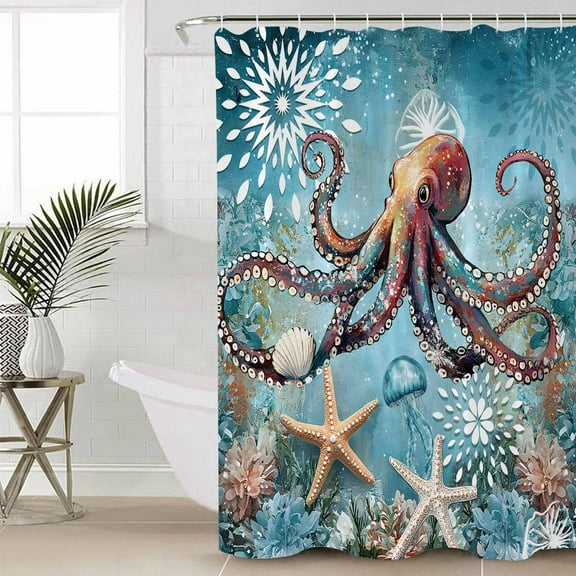 Coastal Octopus Bathroom Curtain 78 Inch Shower Curtain with Hooks, Vintage Teal Nautical Beach Botanical Waterproof Polyester Bath Curtain Washable Bathtub Curtain 54''x 78''