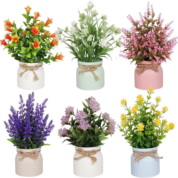6pcs Artificial Pot Flowers Small Fake Plants Mini Potted Plants for House Office Tabletop Decoration