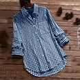 thumbnail image 4 of Womens Tops Linen Plaid Collar Long Sleeve Retro Button Up Womens Tee,Dark Blue,4XL, 4 of 6