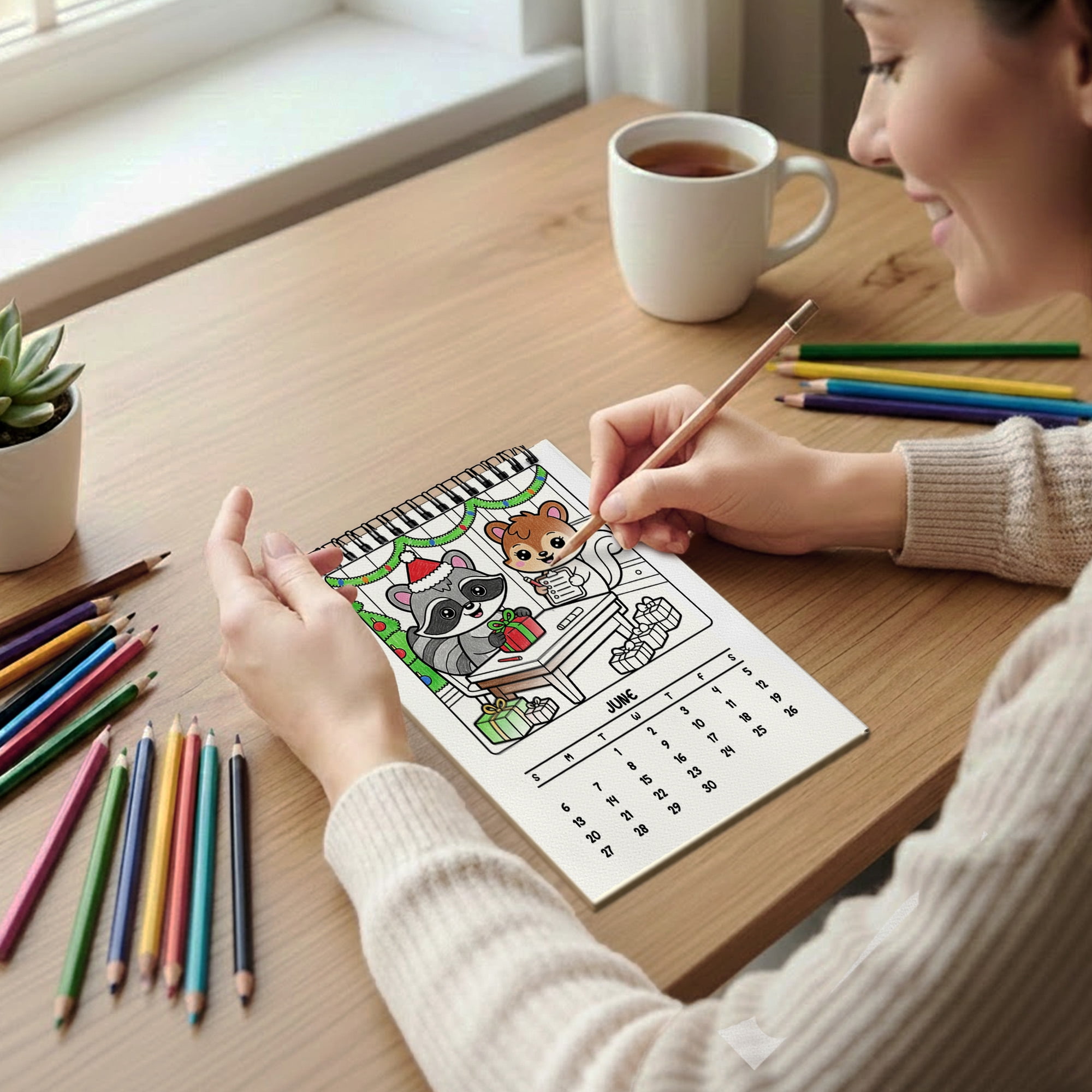 Xmas Corner Coloring Desk Calendar 2026–2027, A5 Wooden Cover Planner with 26 Easy Coloring Pages for Adult Relaxation, 24 Month Desktop Calendar with Stand, Gift for Family & Friends