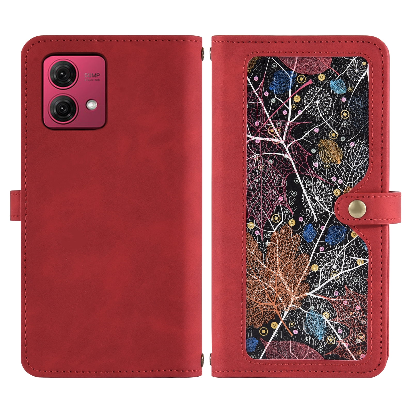 Asuwish Phone Case for Motorola Moto G84 5G Wallet Cover With Tempered Glass Screen Protector Crossbody Wrist Strap Flip Pattern Zipper Credit Card Holder Stand Slot Cell G 84 2023 Women Men Red