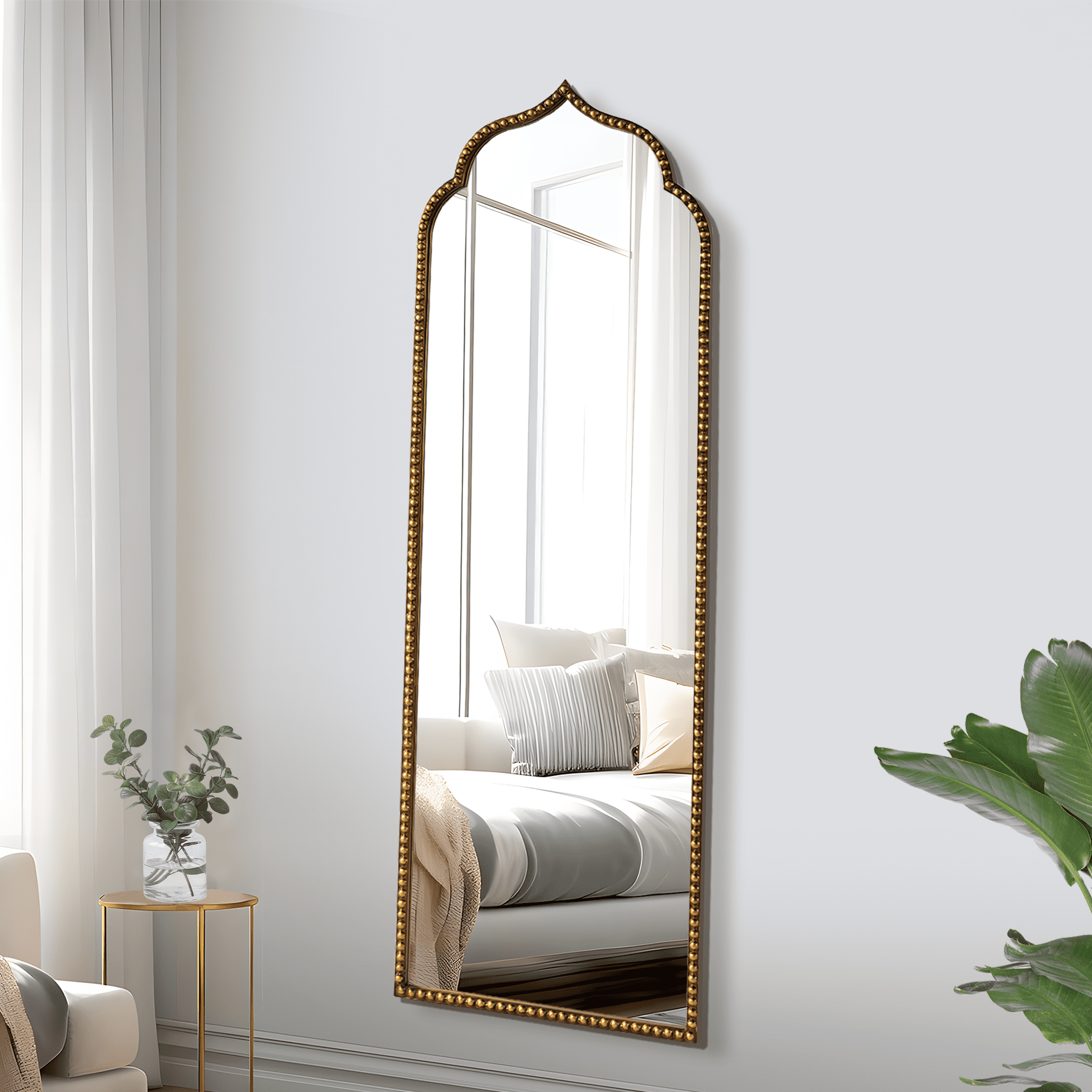 MAYEERTY 59x20 Iron Thai Beaded Right-Angle Arch Gold Full-Length Mirror
