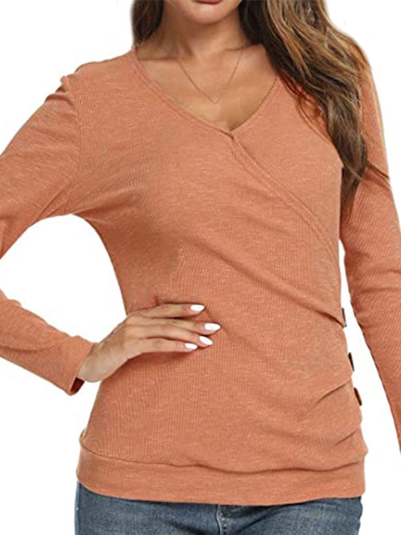 Women Wrap Front Side Buttons Long Sleeve V Neck Plain Shirt