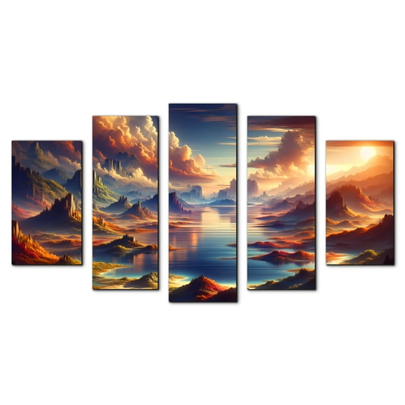 Cuadro decorativo para sala, recamara, Paisaje Atardecer Lago Montañas, elegante, moderno, minimalista, Set de 5 piezas