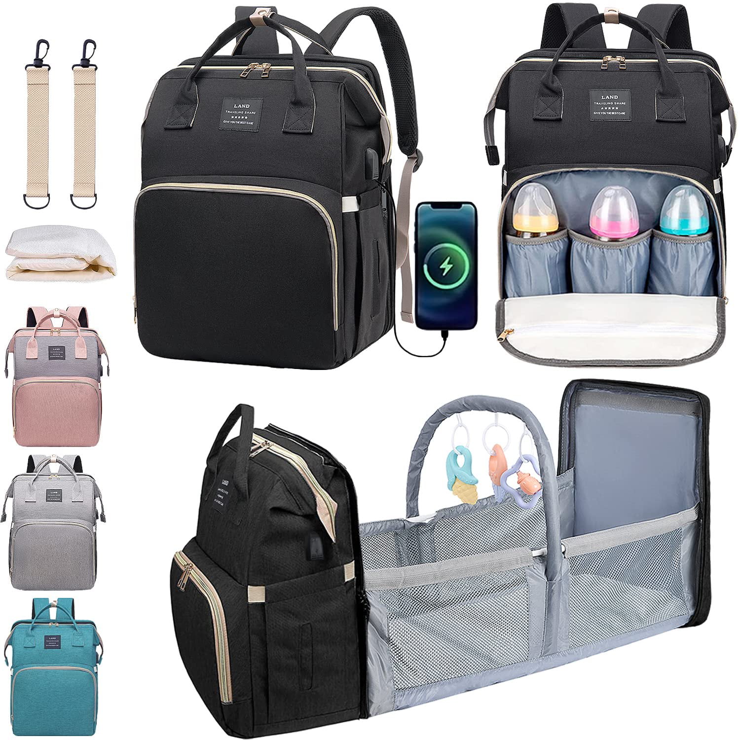 8-in-1 Travel Diaper Bag Backpack with Changing Station, Mosquito Net & Toy Bar - Waterproof, Large Capacity for Baby Girl/Boy