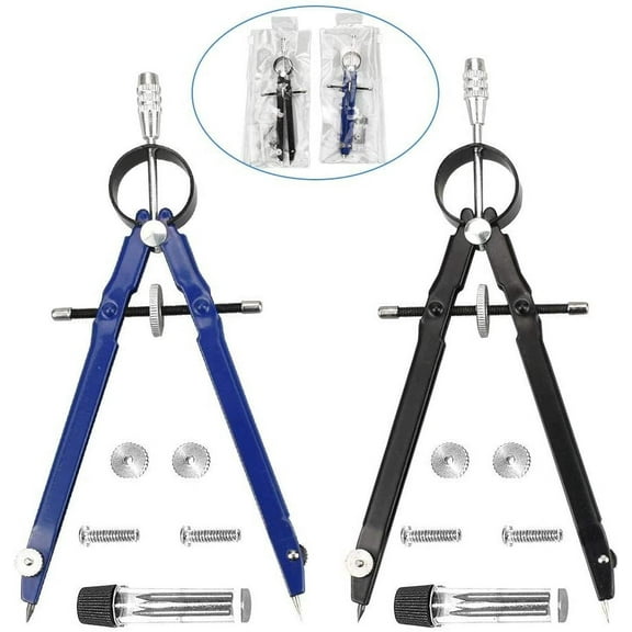 BUZIFU 2 Pack Professional Compass Math Compass Geometry with Lock Screws and Lead Replacement, Metal Drafting Compass Precision Spring Bow Compass Drawing with Wheel for Woodworking, School