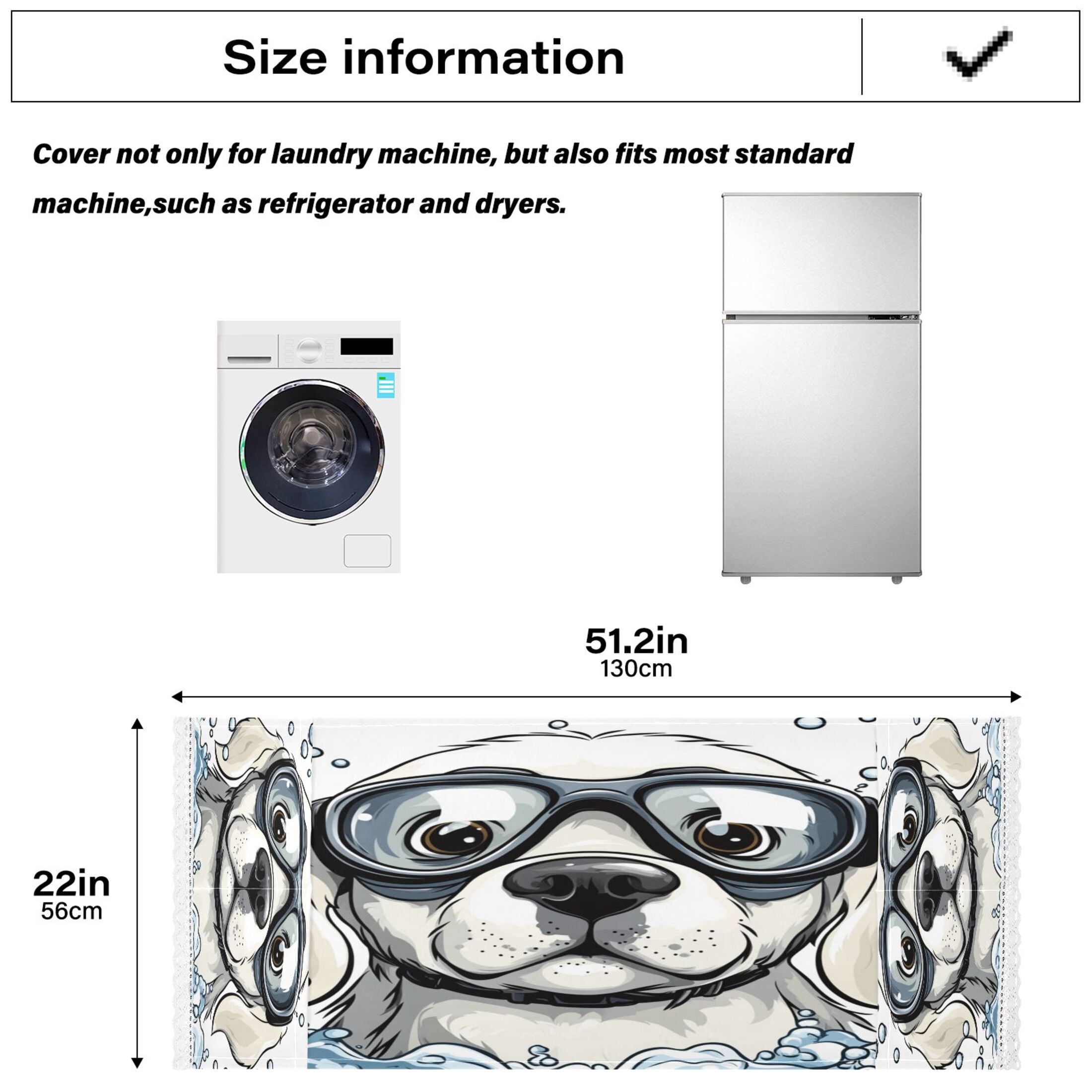 Washing Machine Cover 51.2x22in, Durable Polyester Dust Cover with Lace Trim and Side Pocket for Appliances Cartoon White Labrador