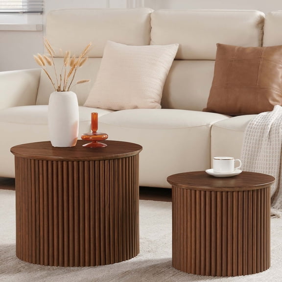 Wirrytor Round Coffee Table Sets 2 Pieces, Wood Fluted Coffee Table with Storage, for Living Room Bedroom, Apartment(Walnut)