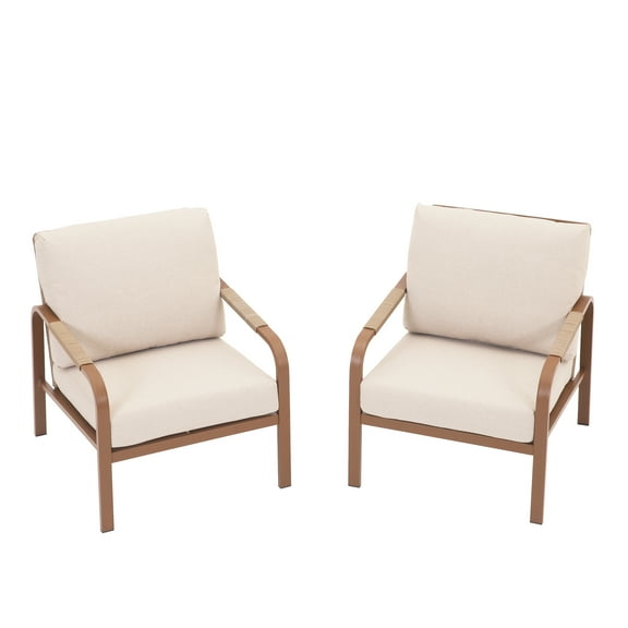 Set of 2 Aluminum Patio Armchairs, All-Weather Outdoor Sofa with Washable Thick Cushions, Beige, Perfect for Balconies, Decks, and Patios