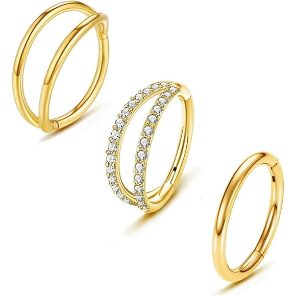 3Pcs 16G 18G Nose Ring Hoops Septum Rings 8mm 10mm Surgical Steel Double Hoop Nose Ring- Double Row Diamonds Hinged Segment Hoop , Lip Conch Helix Cartilage Daith Piercing Jewelry for Women Girl Men