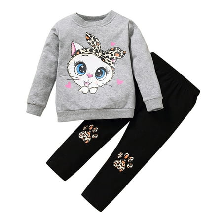 

Gvdentm Girls Casual Fall Outfits Girls/Boys Clothing Sets Tops & Sweatpants Outfits Sportwear Sweatsuits Tracksuits Cute Cat Pattern Cotton Grey 5-6 Years