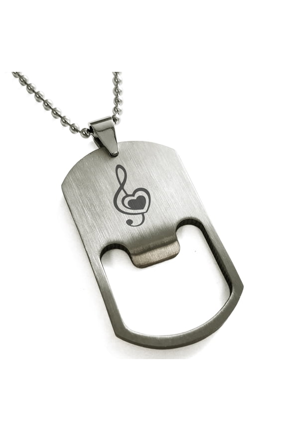 Stainless Steel Treble Clef Heart Engraved Bottle Opener Dog Tag Pendant Necklace