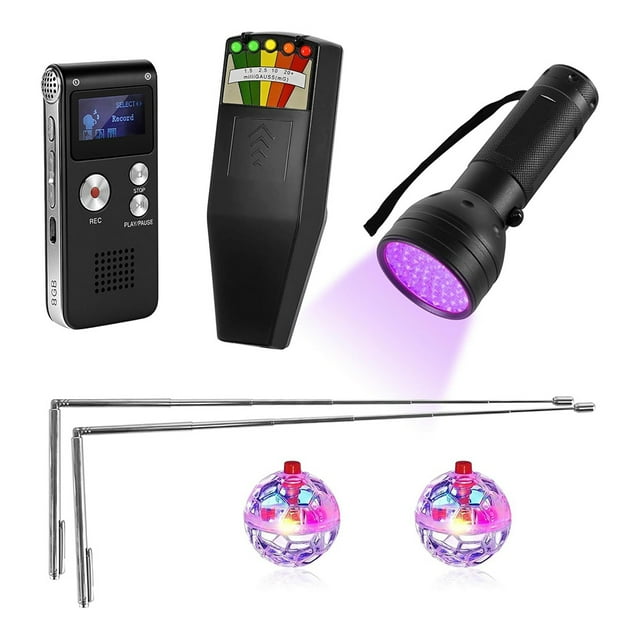 Kit de Equipo para Entusiastas de Lo Paranormal. Incluye Medidor de Electromagnéticos, EVP, Varillas de Radiestesia y Luz Ultravioleta para Entretenimiento.