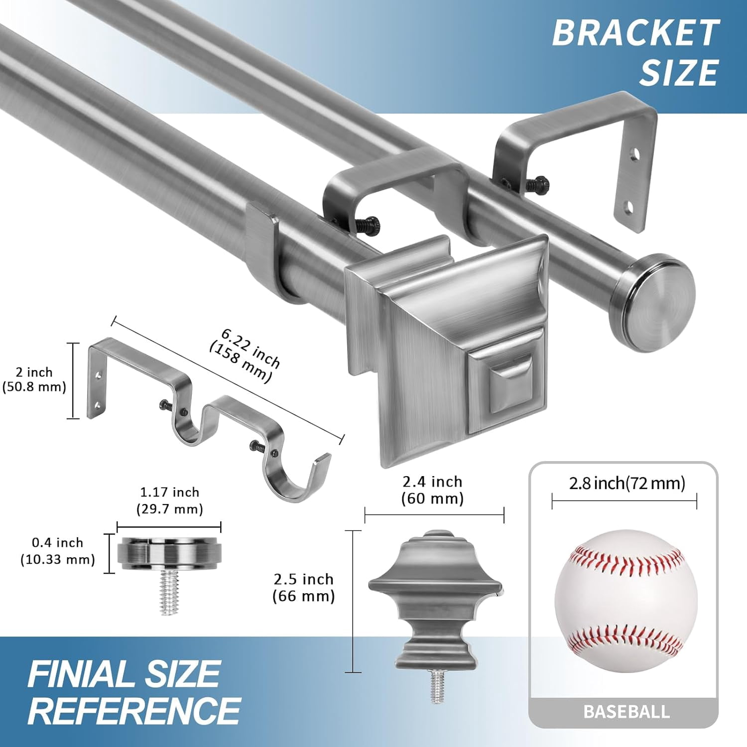Urbanest Adjustable Double Curtain Rod Set Pila Flat Button Finials – 1″ Front & 3/4″ Back Rod With Brushed Steel Rod, 84–120 Inches