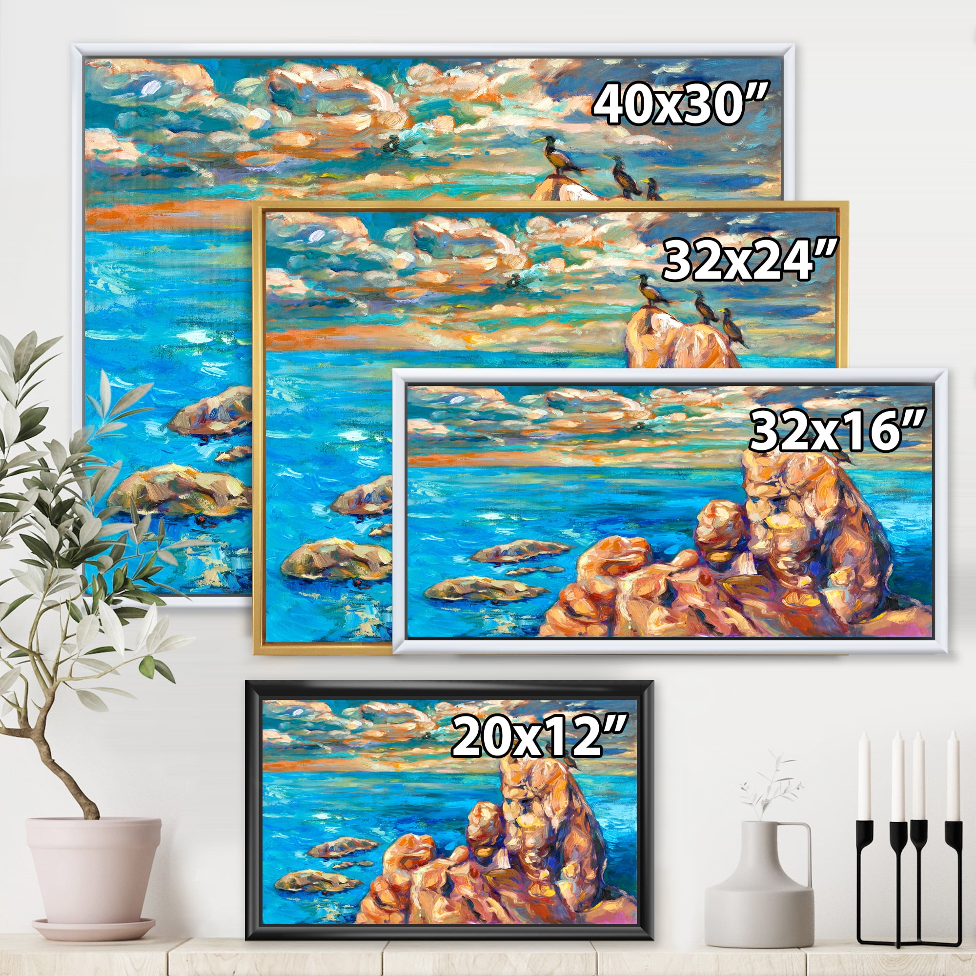 Designart 'The Blue Ocean By Rocky Cliffs I' Nautical & Coastal Framed Canvas Wall Art Print