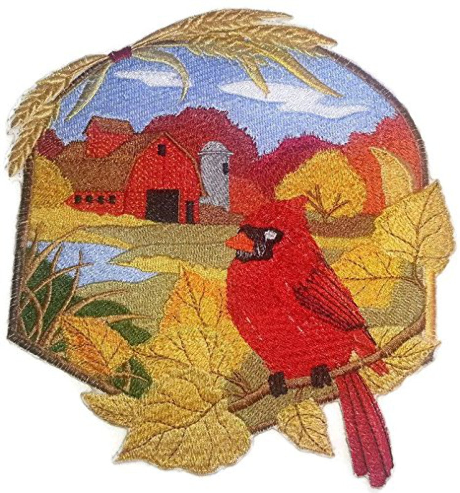 BeyondVision Custom and Unique Country Autumn Cardinal and Barn Embroidered Iron on/Sew Patch [6.91" 7.21"]