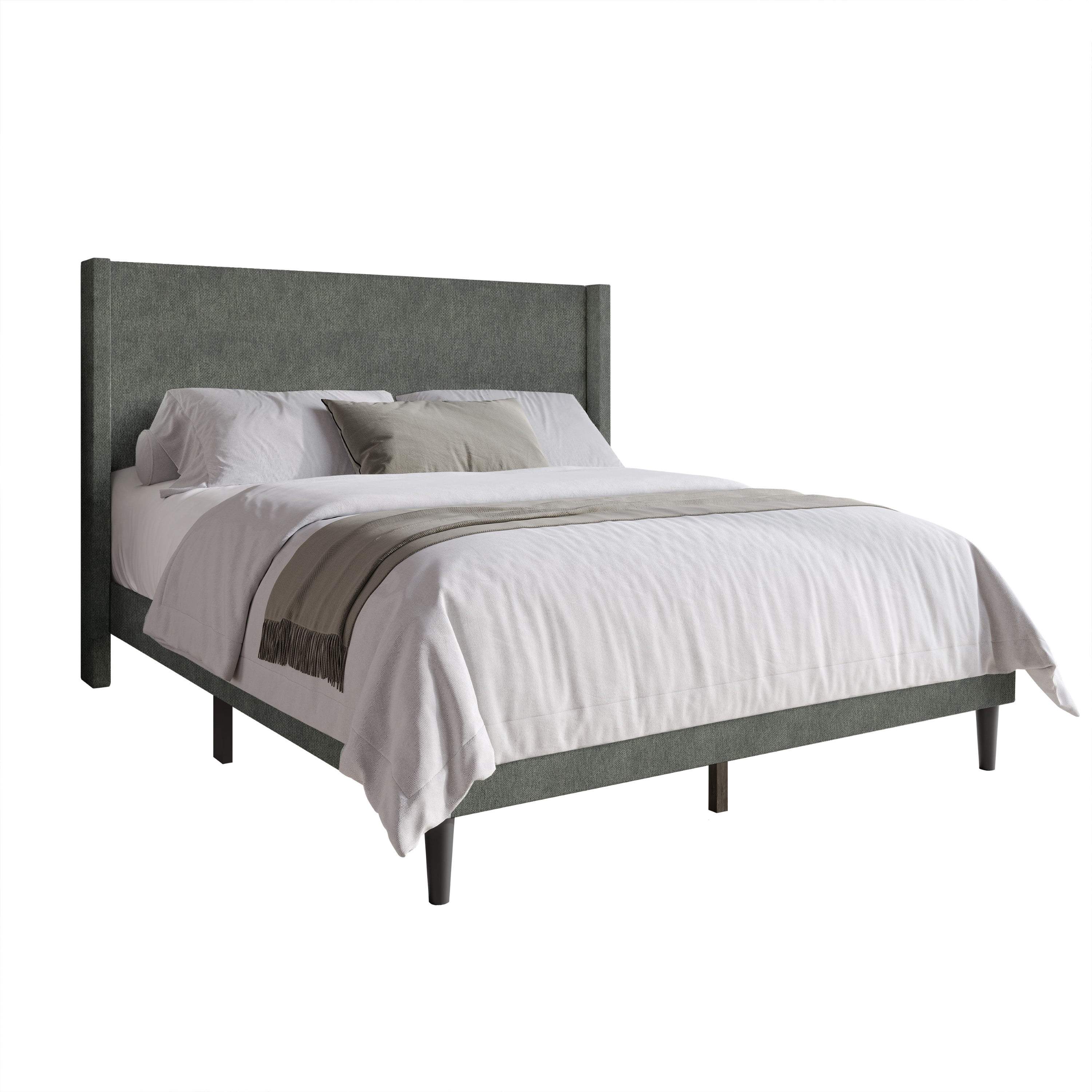 Home Design Bangor King Upholstered Wingback Platform Bed Frame, Linen, No Box Spring Required, Gray