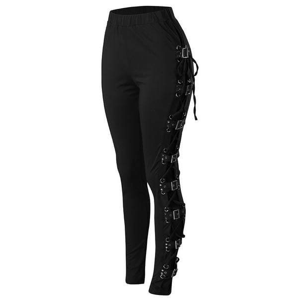 Plus Size Womens Black Pants Gothic Criss Cross Lace Up Buckle Strap Skinny  Leggings Steampunk Ladies Trouser