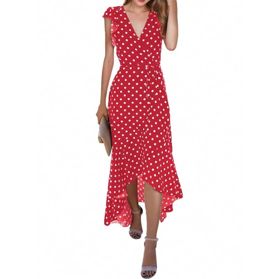 Womens Red Polka Dot V-Neck High-Low Maxi Dress