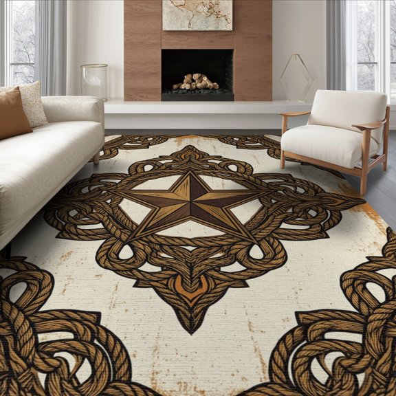 ODIKA 8'x10' Washable Area Rug Vintage Farmhouse Border Round Runway Themed Trailer Hooks Cowboy Refined for King Size Bedroom Under Bed, Master Suite, Non-Shedding, Easy Care