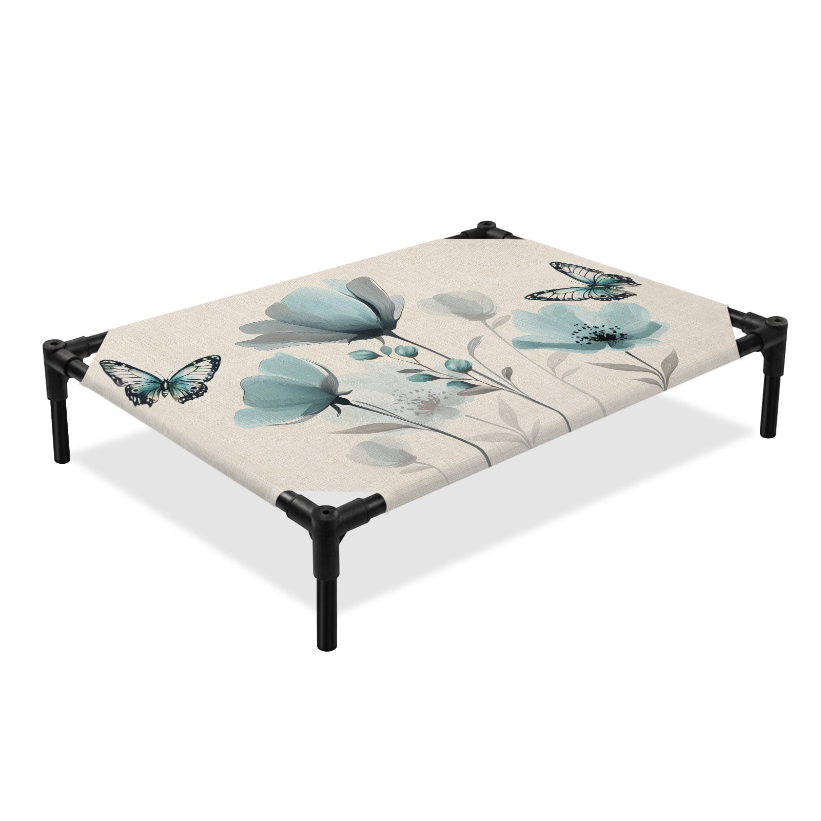 Spring Florals Elevated Dog Bed Watercolor Teal Floral Leaf Butterfly Linen Texture Cooling Breathable Outdoor Raised Dog Cot Bed with Metal Frame Non-Slip Feet for Medium Dog 24x20in