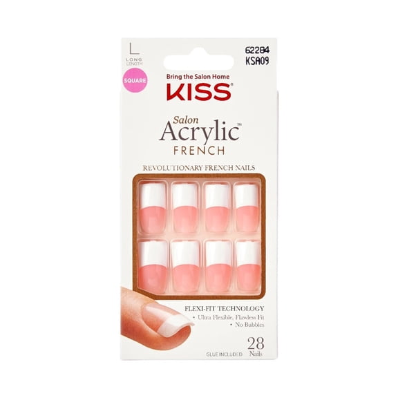 Kiss Salon Acrylic French Nails Long Square Pink & White - Team Player KSA09 | Press-On Nail Kit