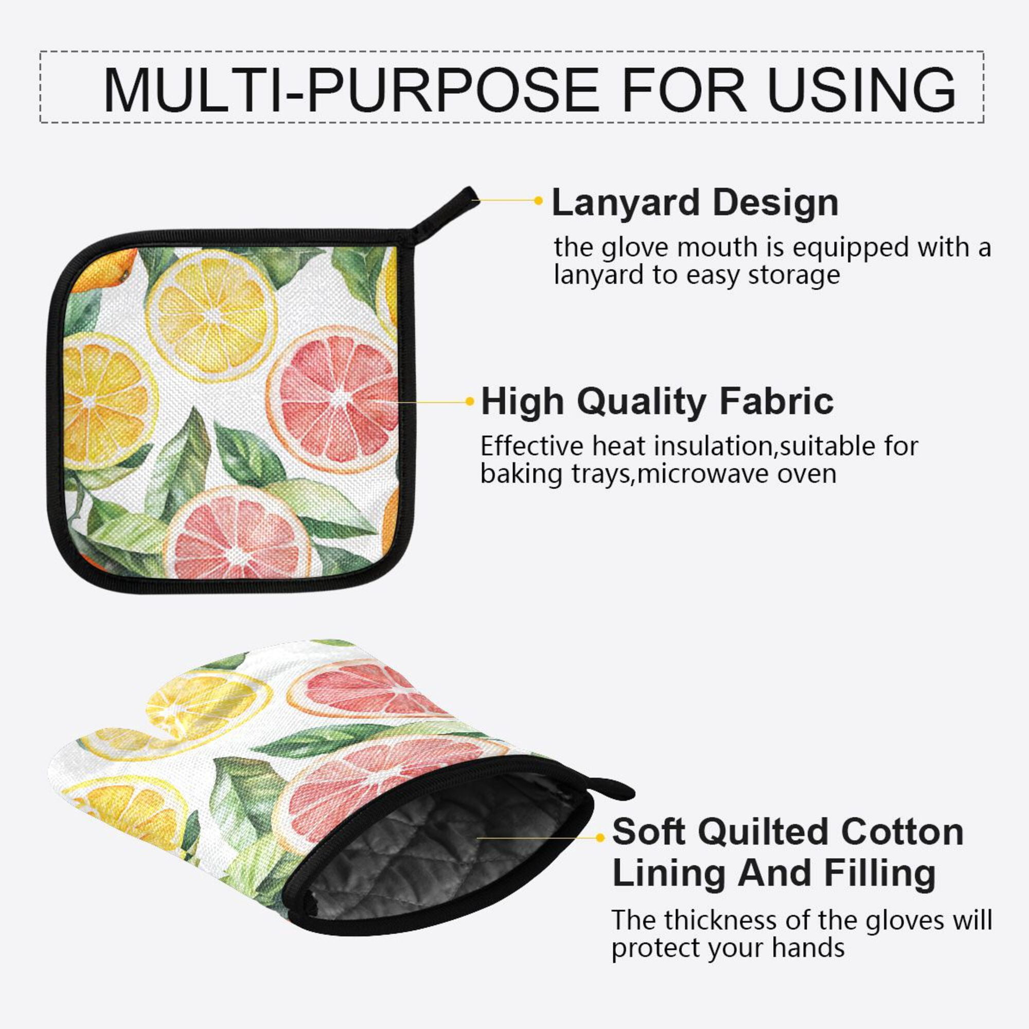 Yayeee Oven Mitts and Pot Holder Set of 4 Heat Resistant Kitchen Gloves Baking Hot Pad, Candy Grapefruit