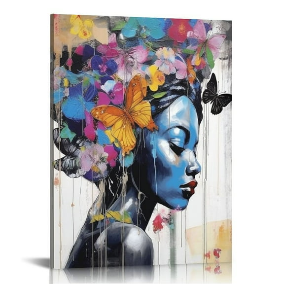 ONETECH African American Canvas Wall Art Black Women Wall Art Abstract Wall Art Flower butterfly picture painting poster Printed artwork for room wall decoration bedroom living room bathroom