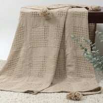 Ox Bay Tan Waffle Weave with Tassels Lightweight Cotton Throw Blanket, 50" x 60"