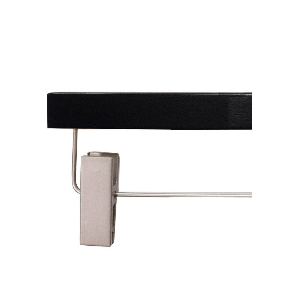 NAHANCO 12” Kids' Wooden Pant Skirt Hanger, Brushed Chrome Hook and Clips, Low Gloss Black (Pack of 100)