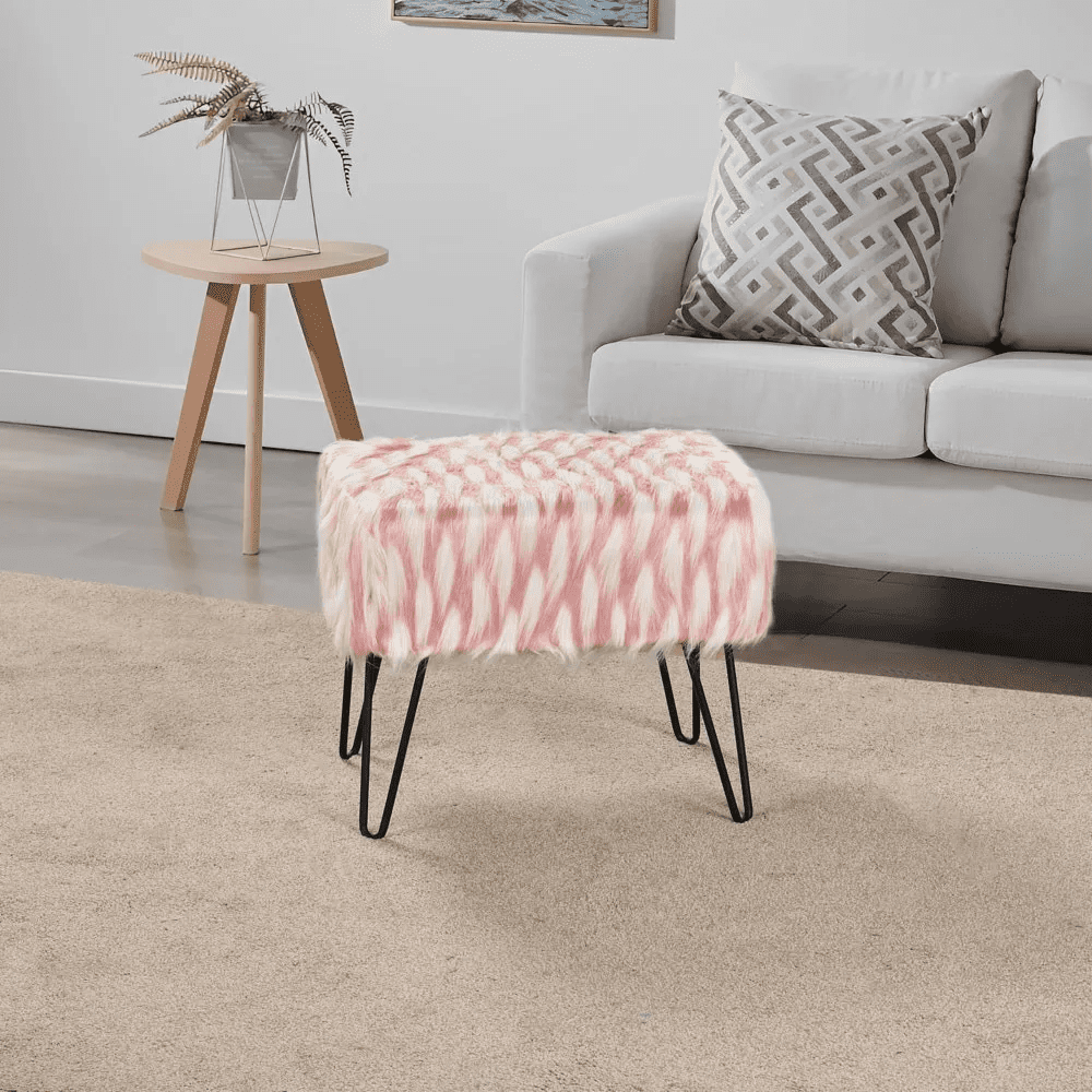 Home Soft Things Feathery Faux Fur Stool Chair Upholstered Footrest Ottoman with Black Metal Legs and Padded Seat, Pink, 19" x 13" x 17"
