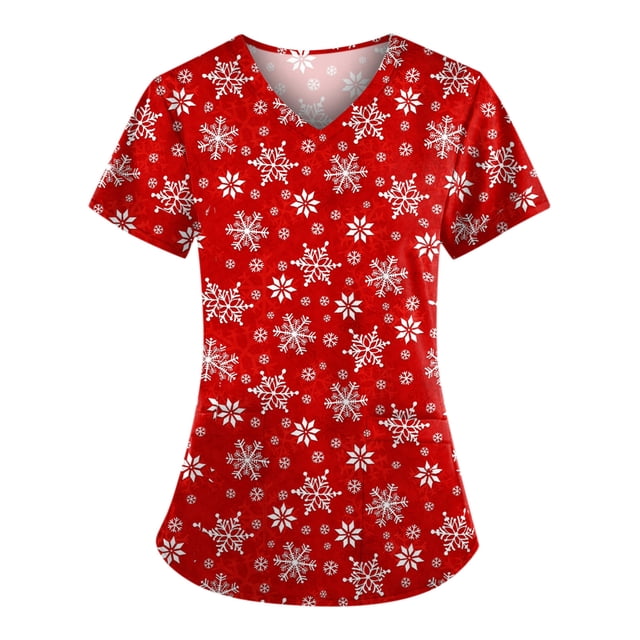 TIMIFIS Blouse d'Uniforme Imprimée de Noël, Manches Courtes, Col en V, avec Poches - Rouge Automne/hiver